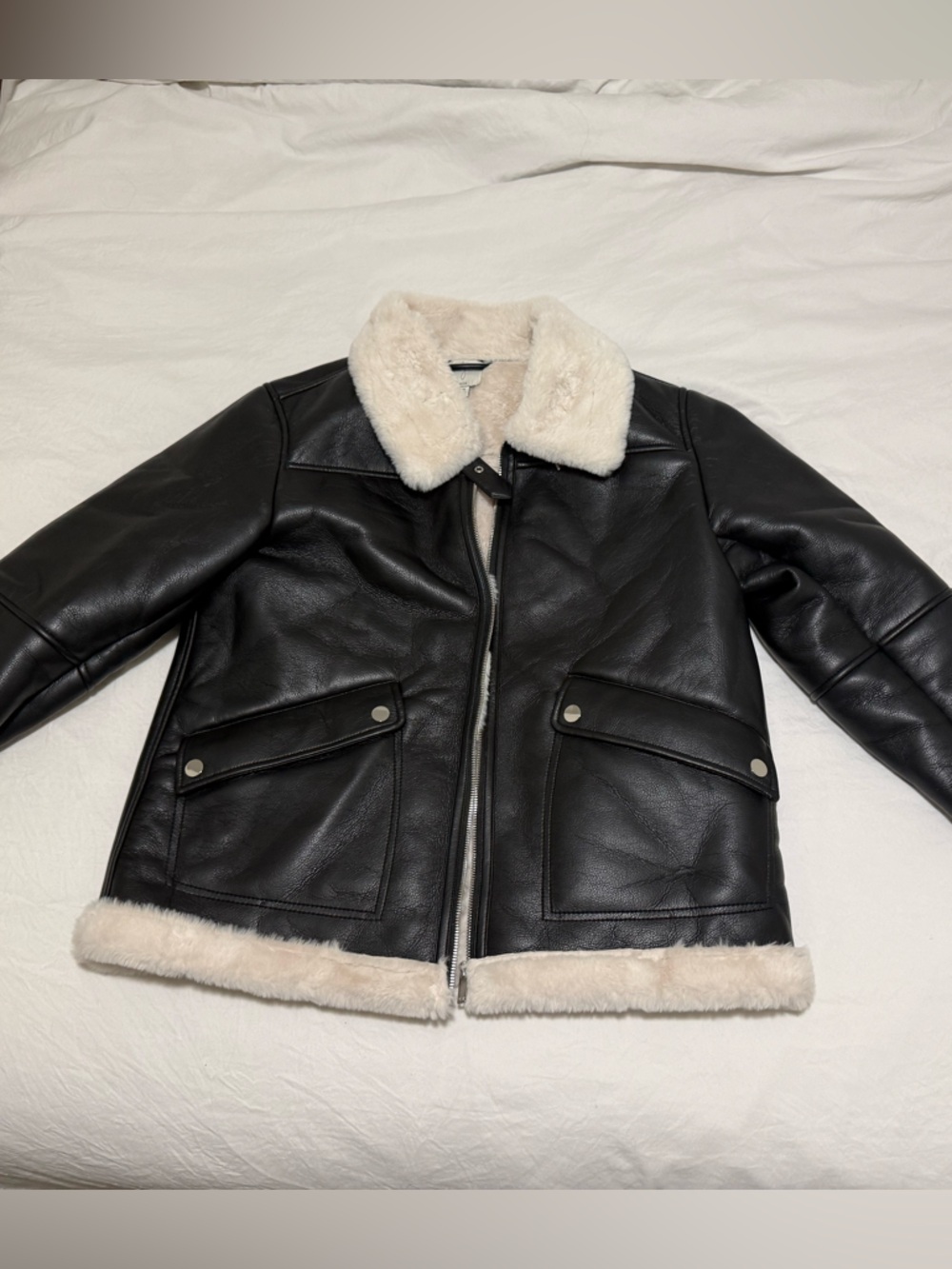 Joie Black Leather Jacket with Cream Faux Shearling Trim
